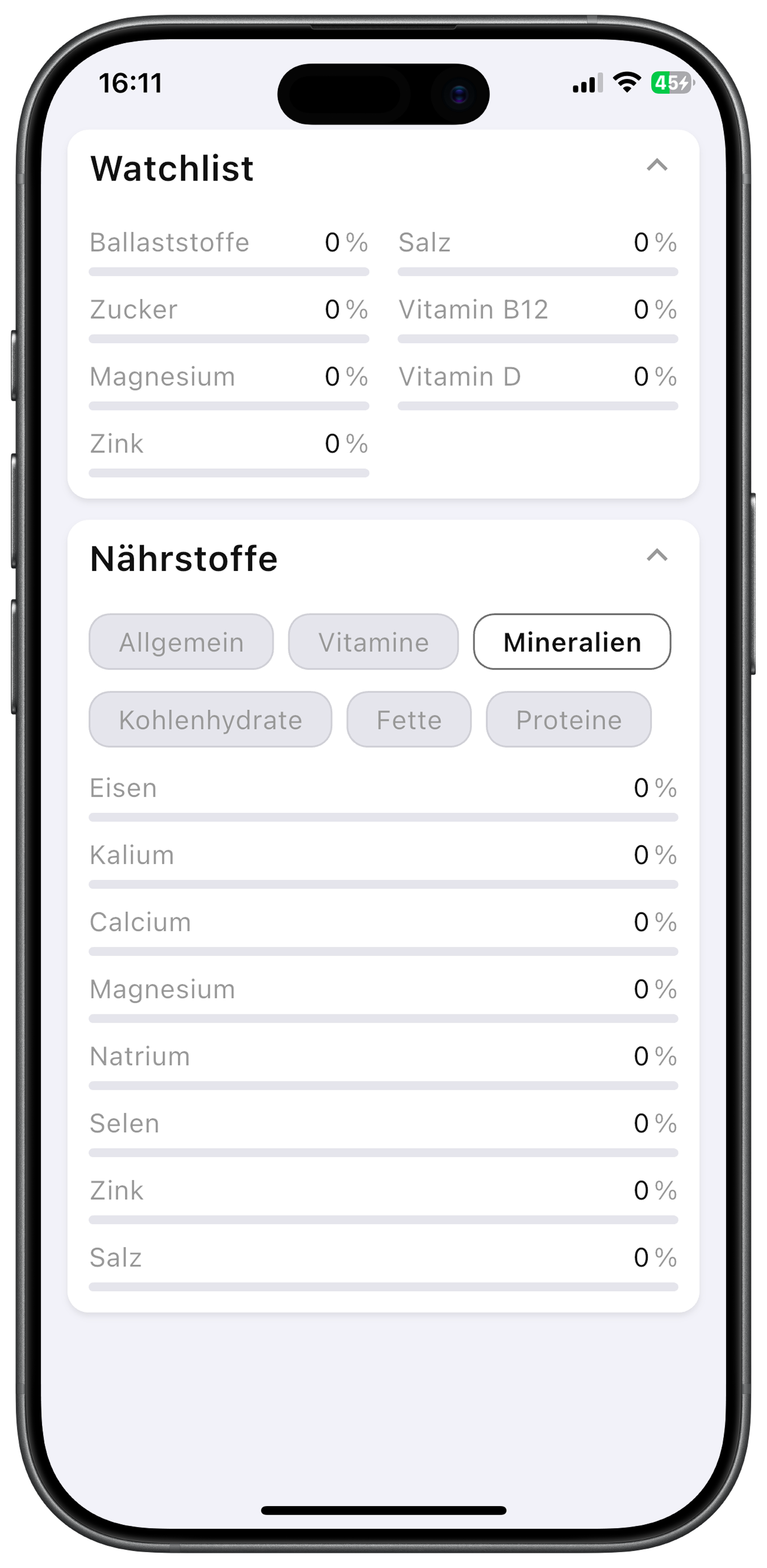 MacroMind: Nährstoffdetails und Watchlist-Fokus