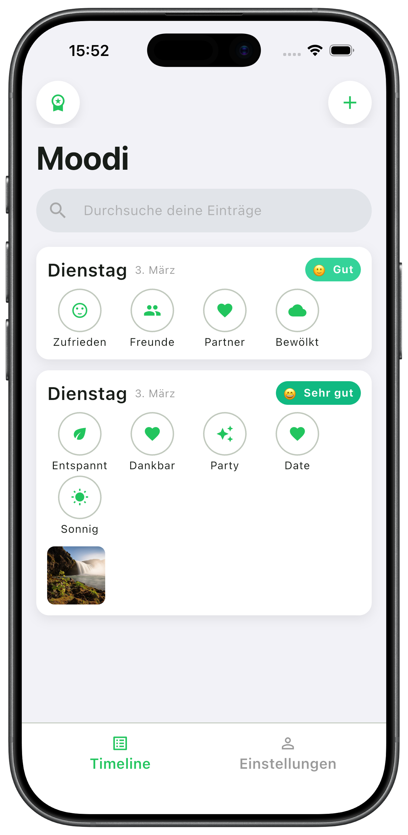 Moodi Screenshot (Check-in/Chips/Suche)